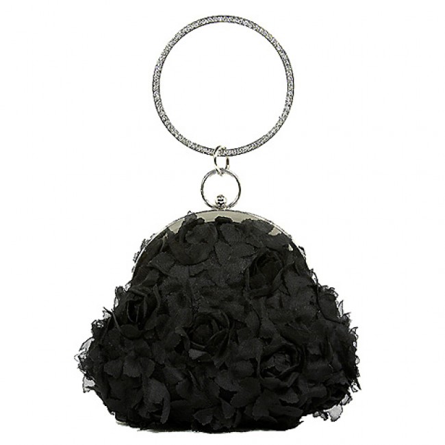 Evening Bag - Chiffon Rosettes w/ Rhinestone Ring Wristlet - Black - BG-100187B